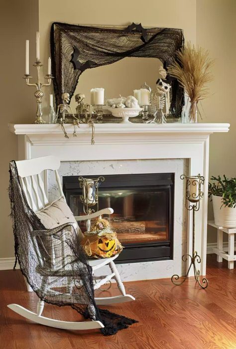 Halloween-themed mantel decorations