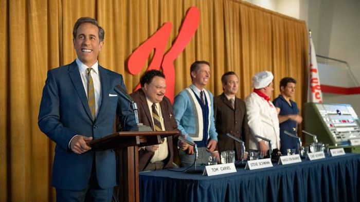 (From left to right) Jerry Seinfeld, Adrian Martinez, Jack McBrayer, Thomas Lennon, Bobby Moynihan, and James Marsden in 'Unfrosted.'