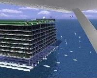 An artistic depiction of Freedom Ship, a visionary floating city.