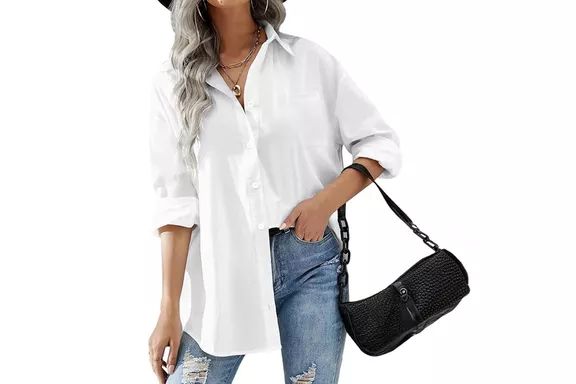 HOTOUCH Women Button Down Shirts Office Drop Shoulder Oversized Blouse Long Sleeve Boyfriend Dress Shirt with Pocket