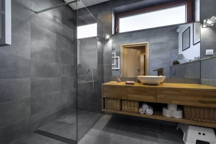 bathroom with gray and wooden finishing