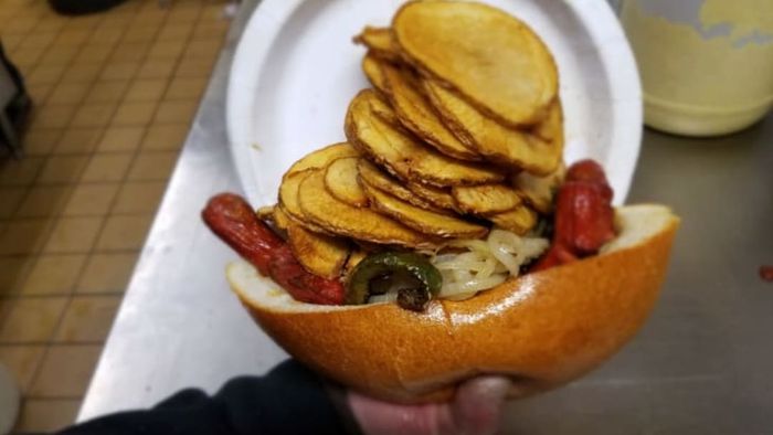 An Italian hot dog served at Tommy's Italian Sausage and Hot Dogs in Elizabeth, New Jersey.