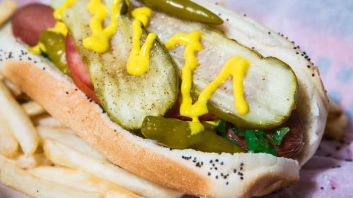 A traditional Chicago-style hot dog, a city favorite.