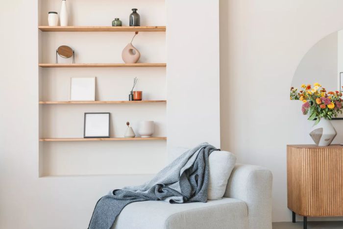 A living room featuring open shelves for a clean, organized look.