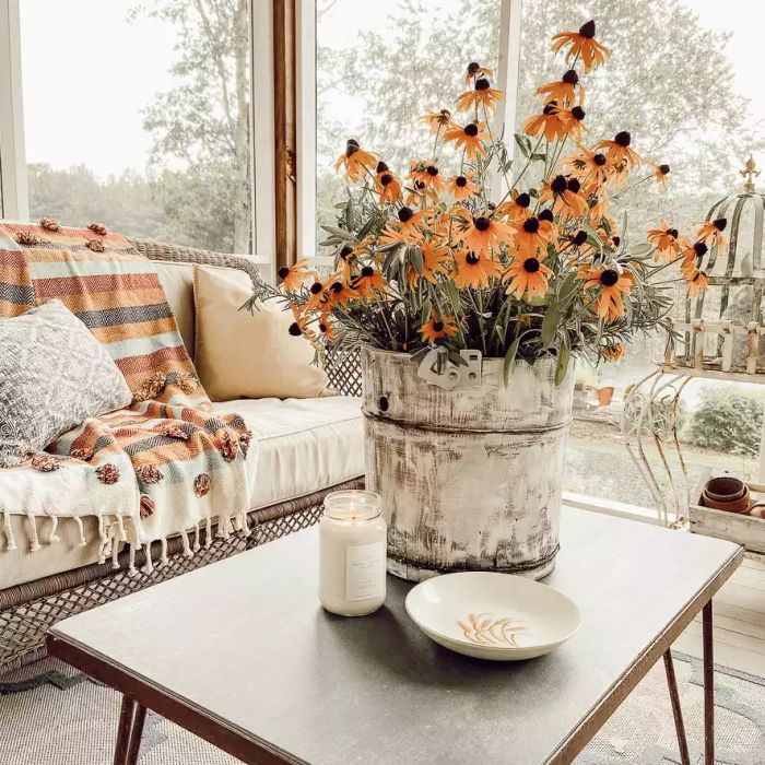 A vibrant echinacea or coneflower arrangement for your fall porch