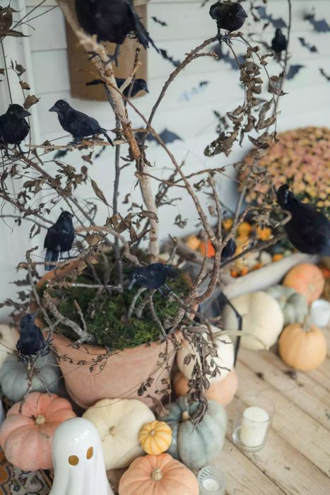 A fall porch decorated with artificial blackbirds.