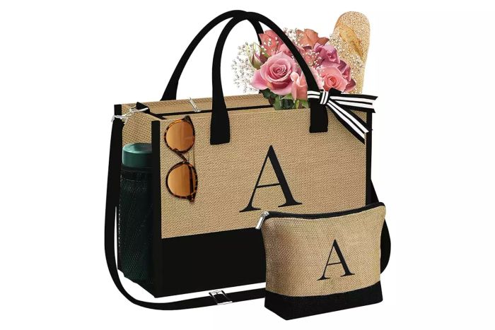 Gifts for Women - Initial Jute Tote Bag & Makeup Bag with Zipper Pockets