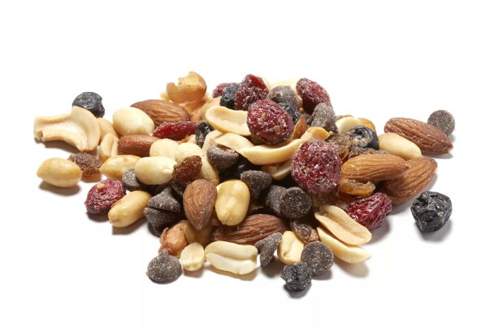 Trail mix featuring nuts, dried cranberries, and chocolate chips