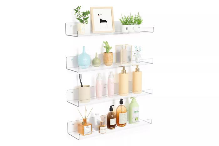 upsimples 4 Pack Acrylic Shelves for Wall Storage, 15" Floating Bookshelves for Kids, Display Shelf Organizer for Bathroom, Bedroom, Living Room, Kitchen, Room Decor, Clear