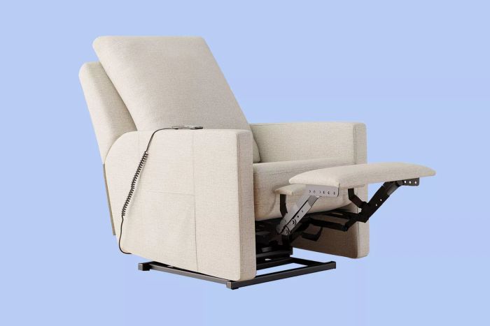 A collage featuring a recliner chair set against a soft purple background