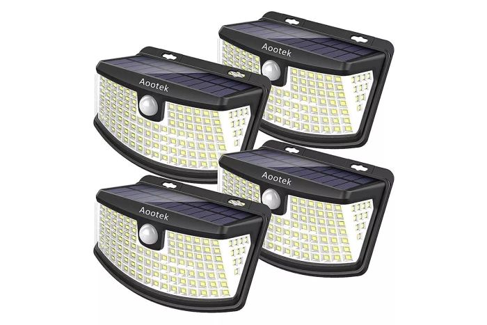 Aootek New Solar Motion Sensor Lights 120 LEDs with Lights Reflector, 270° Wide Angle, IP65 Waterproof, Step Lights for Front Door, Yard, Garage, Deck (4 Pack)