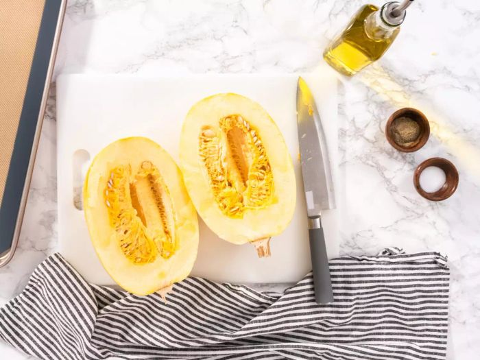 A spaghetti squash sliced into two halves