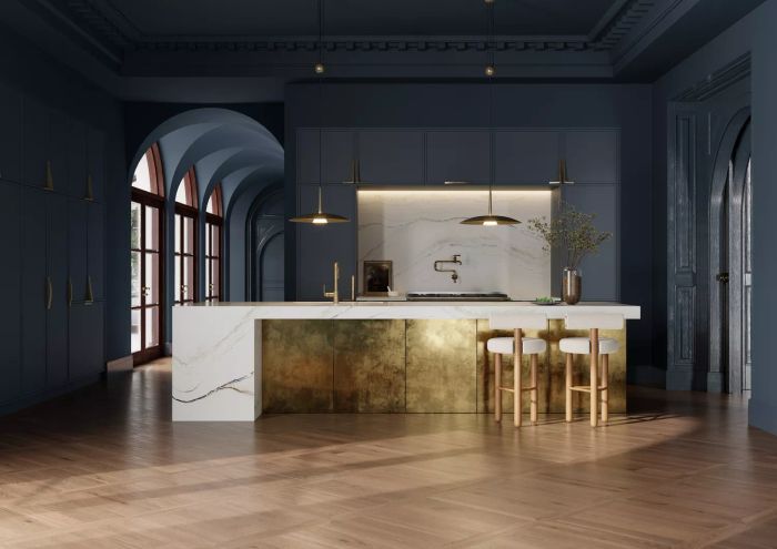 half waterfall countertop with brass