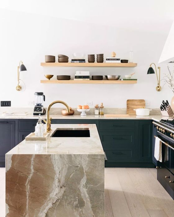 red gray and white stone waterfall countertop
