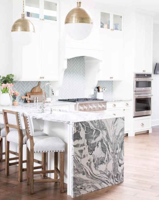 gray and white waterfall countertop