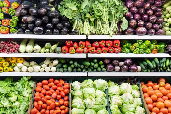 The grocery store showcases an impressive array of fresh produce, featuring everything from fruits to vegetables for every shopping need.