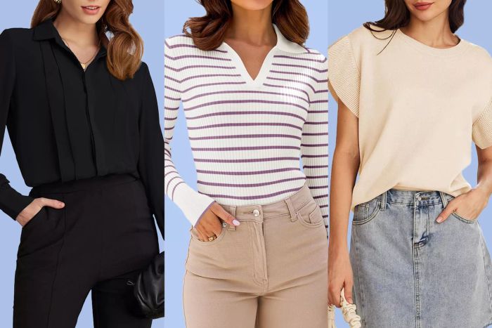A curated collage of recommended Amazon fashion tops and bottoms displayed on a vibrant blue background