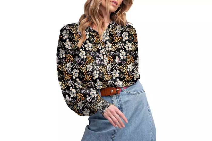 Dokotoo Casual V Neck Easel Floral Print Long Sleeve Blouse