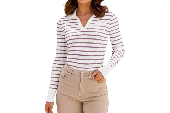 ZESICA V Neck Knit Striped Shirt