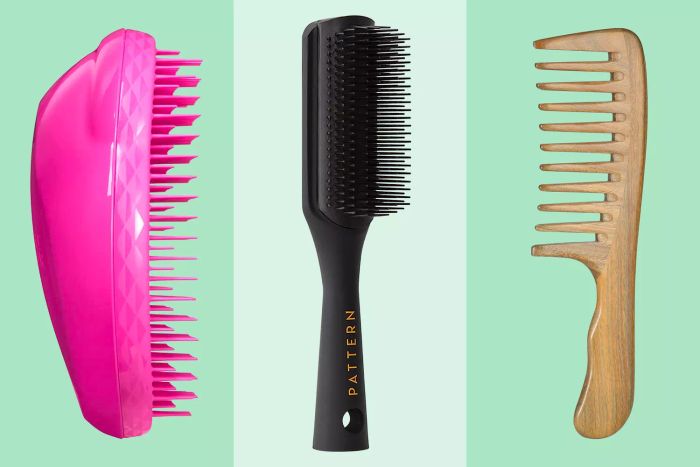 a curated selection of recommended hairbrushes displayed on a green backdrop