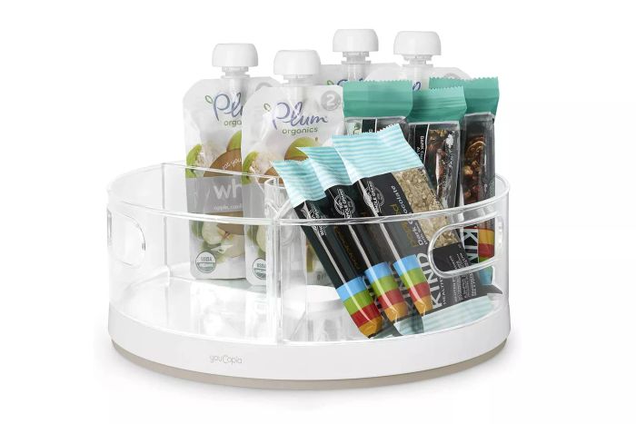 YouCopia Crazy Susan Turntable, Divided Lazy Susan Organizer with 3 Clear Bins for Cabinet and Pantry Storage, White