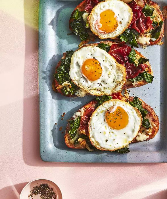 Spring Greens Tartine with Prosciutto, Fontina, and a Fried Egg
