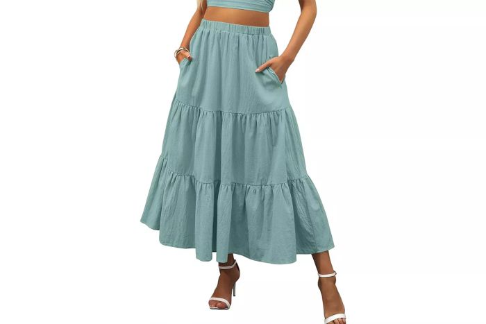 ANRABESS Elastic Waist Pleated A-Line Flowy Swing Tiered Skirt