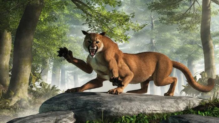 A depiction of a six-limbed mountain lion baring its teeth in a menacing snarl