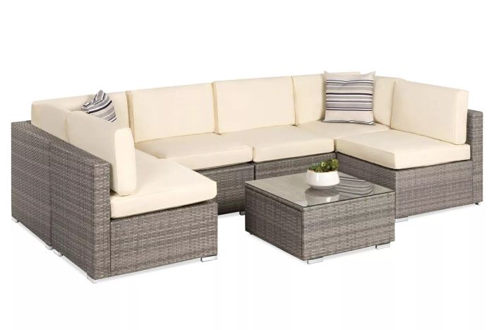 Best Choice Products 7-Piece Modular Outdoor Sectional Wicker Patio Conversation Set w/ 2 Pillows, Coffee Table, Cover Included - Gray/Cream