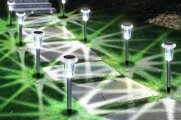 Solar Outdoor Lights, 10-Pack, made of waterproof stainless steel for durability and weather resistance.