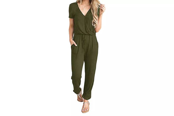 PRETTYGARDEN Women's Summer Casual Deep V Neck Short Sleeve Wrap Drawstring Waist Jumpsuit