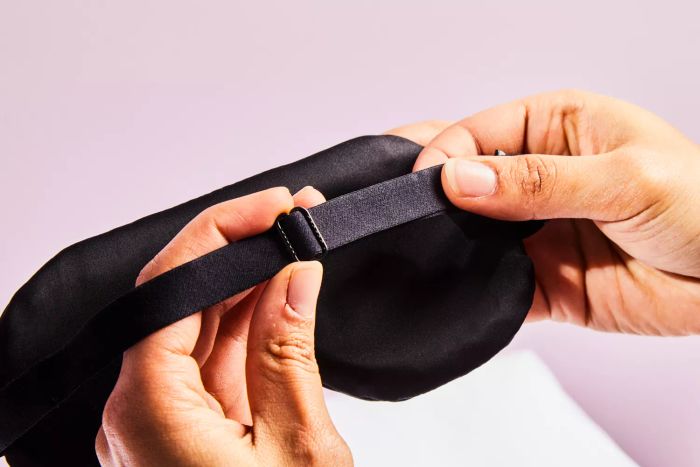 A close-up shot of the strap on the Alaska Bear Silk Sleep Mask, showcasing its adjustable design.