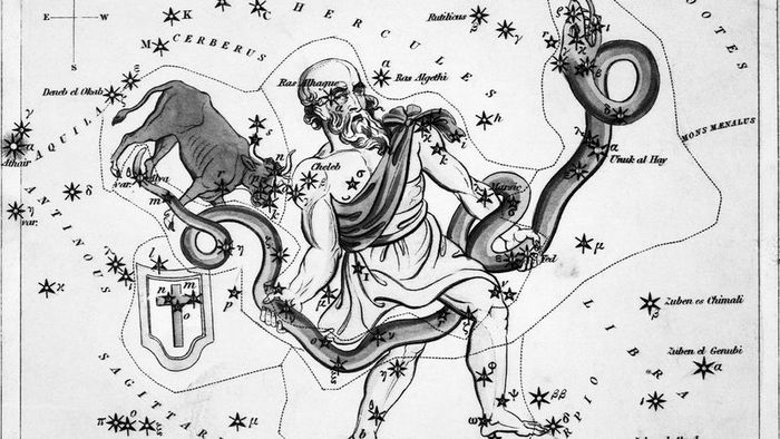 An illustration showing a celestial view featuring the constellations Taurus Poniatowski, Serpentarius, Scutum Sobiesky, and Serpens.