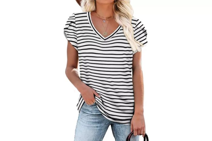 WIHOLL Women's V-Neck Summer Casual T-Shirt with Petal Sleeves