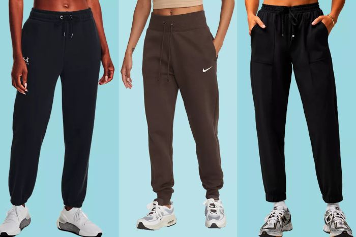 A vibrant collage showcasing three individuals wearing our top jogger recommendations against a striking blue backdrop