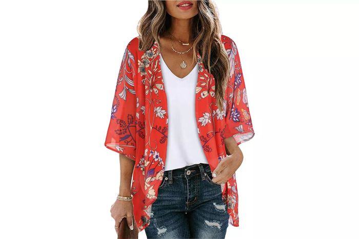 Women's Floral Print Puff Sleeve Kimono Cardigan Loose Cover Up