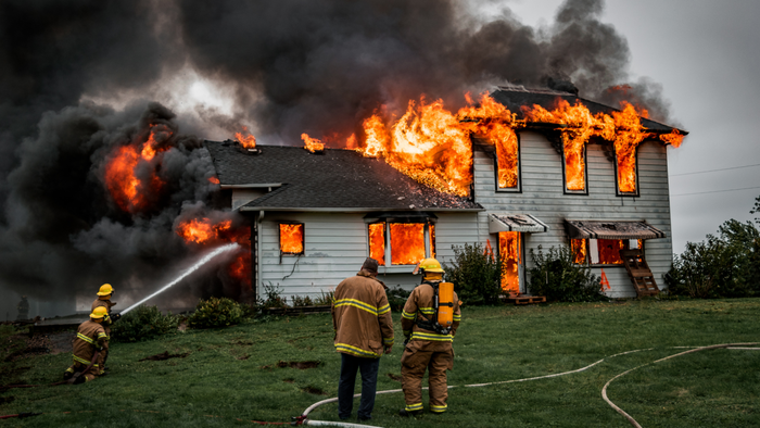 Firefighters extinguishing a house fire