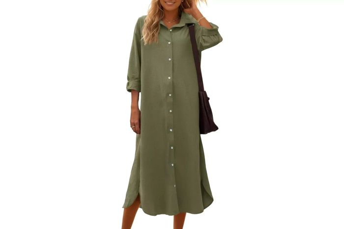 Sopliagon Women's Casual Loose-Fit Cotton and Linen Shirt Maxi Dress
