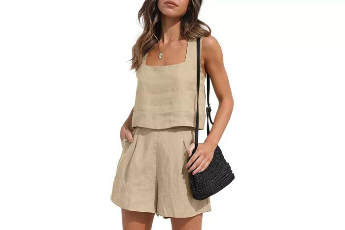 Amazon AUTOMET Women's 2-Piece Lounge Set with Matching Linen Shorts and Crop Top, Trendy Summer Vacation Outfit