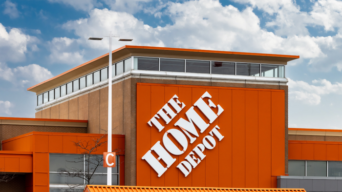 Toronto, Canada, March 23, 2023; The Home Depot sign and storefront in Markham, showcasing the Canadian branch of the well-known lumberyard and home improvement chain, resembling a large box store.