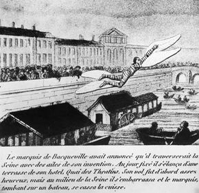 The Marquis de Bacqueville mid-flight across the Seine, observed by a crowd of spectators.