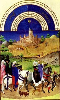 A colorful painting depicts men and women on horseback with the Tour Guinette visible in the background.