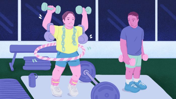 One individual lifting only dumbbells while another pushes themselves with various weights, running, and even hula hooping.