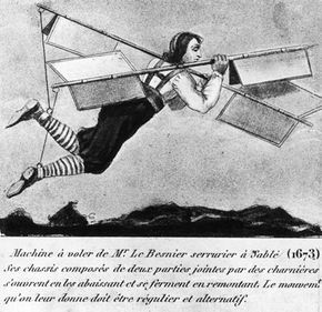 A black-and-white illustration depicts Besnier in mid-flight using his invention.