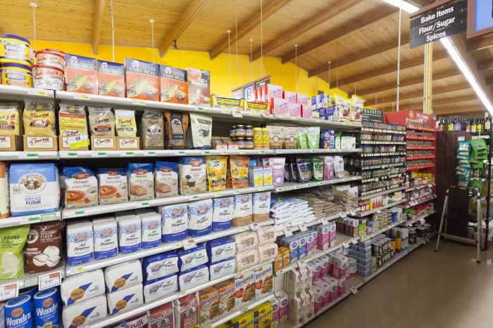 Flour and other baking items on supermarket shelves