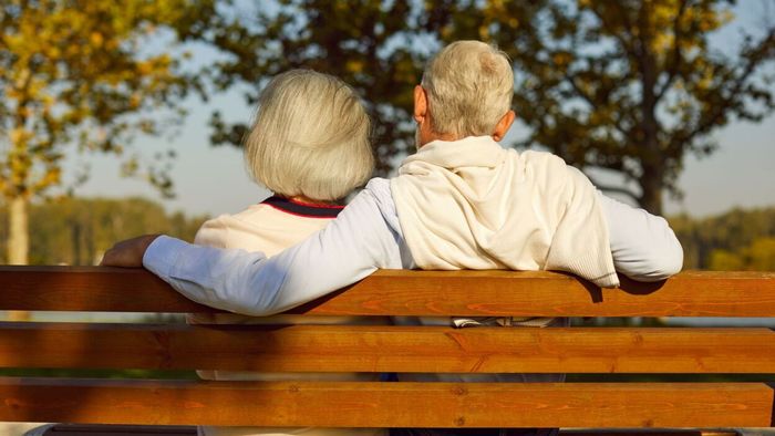 An elderly couple, seen from behind, sitting together on a park bench