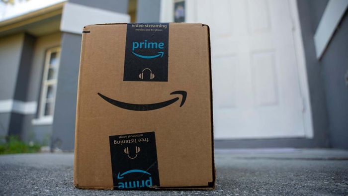 An Amazon package left on the front porch of a house