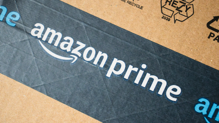 Amazon's Prime logo on a cardboard box.