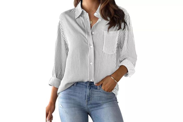 CUNLIN Wrinkle-Free Women's Button-Down Shirts, Striped Long Sleeve Collared Blouses with Pocket