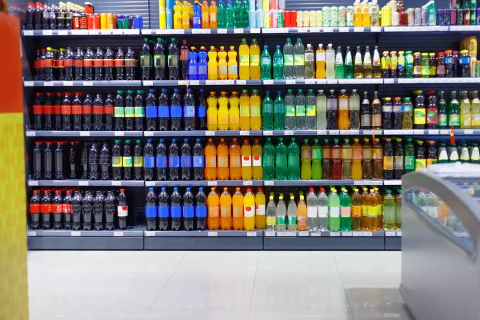 Bottles of soda lined up on supermarket shelves